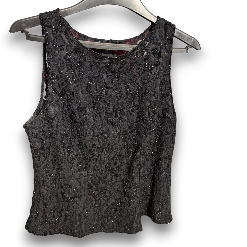 JKara NY‎ Womens Top XL Black Lace Beaded Sleeveless Evening Party Cocktail